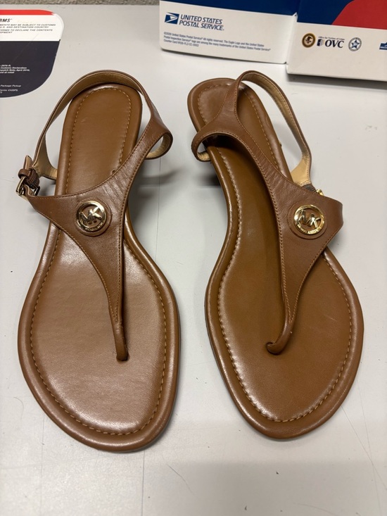 Michael Kors Shoes - Michael Kors Tan Brown Leather Thong Sandals with Gold Logo